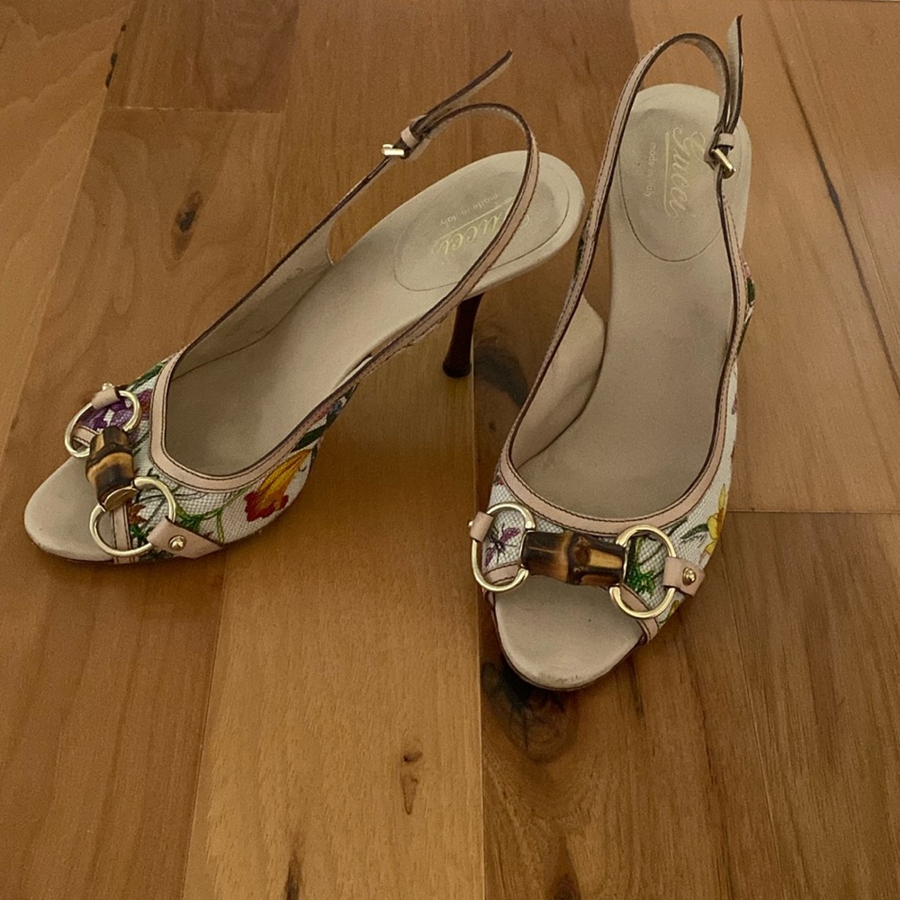 Gucci Floral Heels with Bamboo Detail